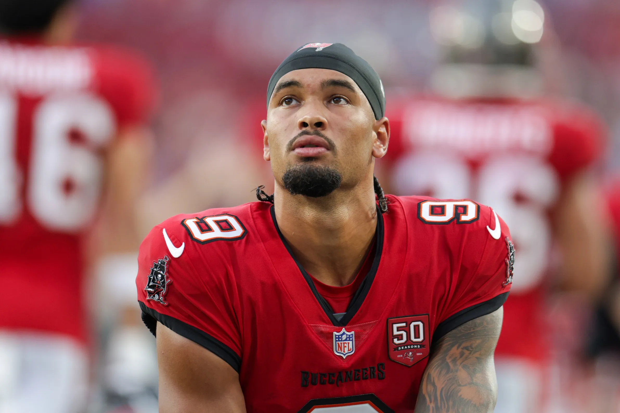 Aug 9, 2025; Tampa, Florida, USA; Tampa Bay Buccaneers wide receiver Emeka Egbuka (9) looks on before a preseason game against the Tennessee Titans at Raymond J…