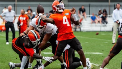 Cleveland Browns quarterback Deshaun Watson (4) attempts to throw a pass during day 12 of training camp, Aug. 11, 2026, in Berea, Ohio. Andrew Dolph / USA TODAY…