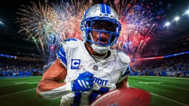 Detroit Lions running back Jahmyr Gibbs (0), Detroit Lions wide receiver Amon-Ra St. Brown (14) and Detroit Lions wide receiver Jameson Williams (1) celebrate a…