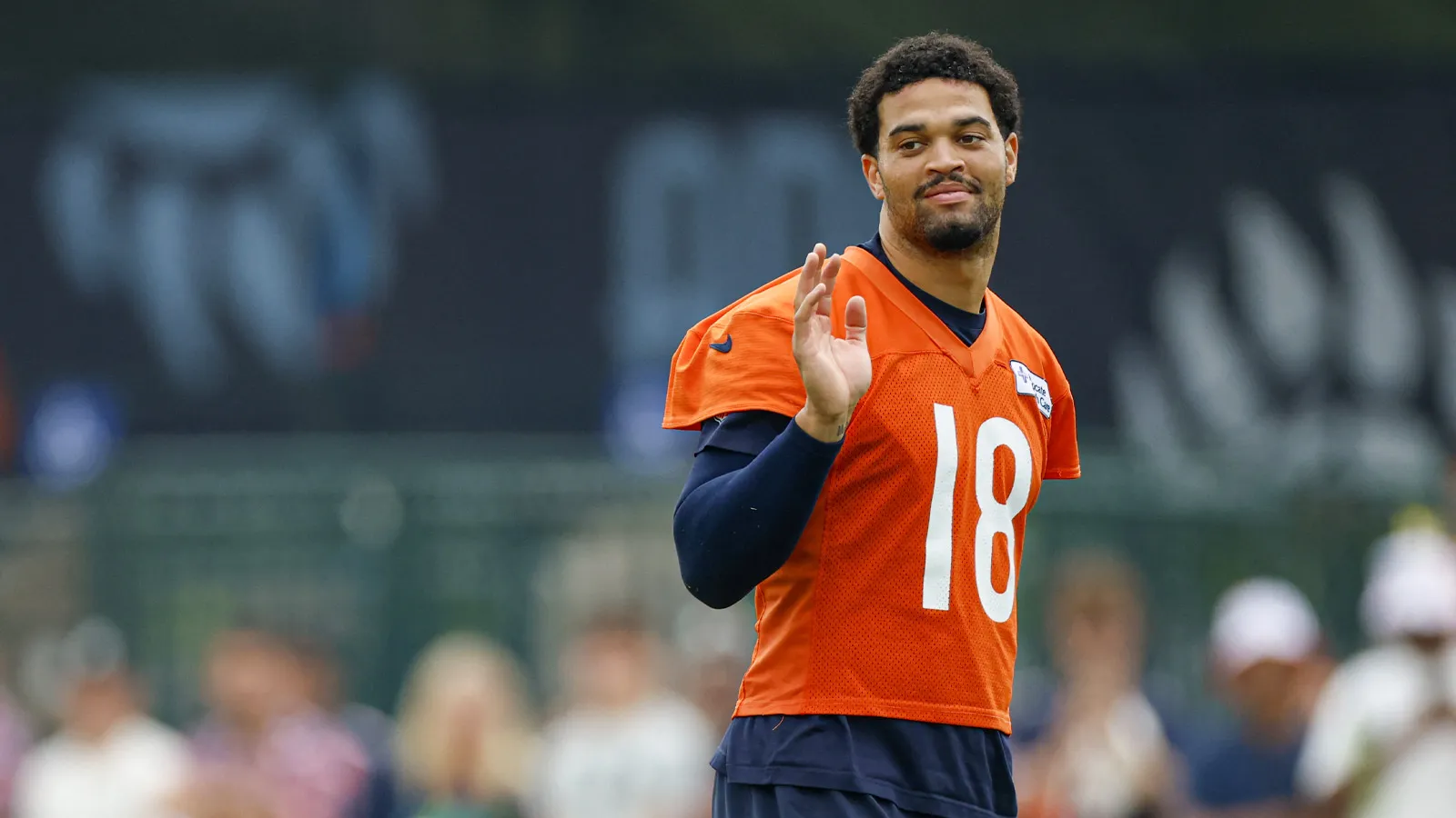 Aug 5, 2026; Lake Forest, IL, USA; Chicago Bears quarterback Caleb Williams (18) stands on the field during training camp at Halas Hall. Mandatory Credit: Kamil…