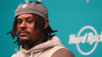 Aug 8, 2026; Miami Gardens, FL, USA; Miami Dolphins quarterback Malik Willis (2) speaks to reporters after practice at Hard Rock Stadium. Mandatory Credit: Sam…
