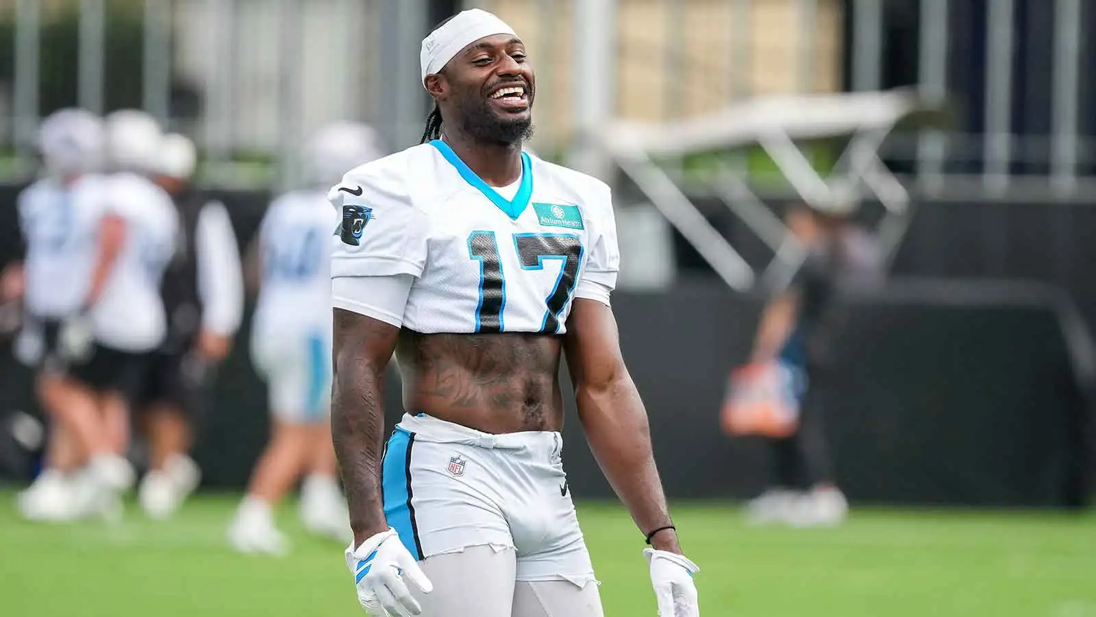 Aug 4, 2026; Charlotte, NC, USA; Carolina Panthers wide receiver Xavier Legette (17) has a comical moment during training camp at Bank of America Stadium. Manda…