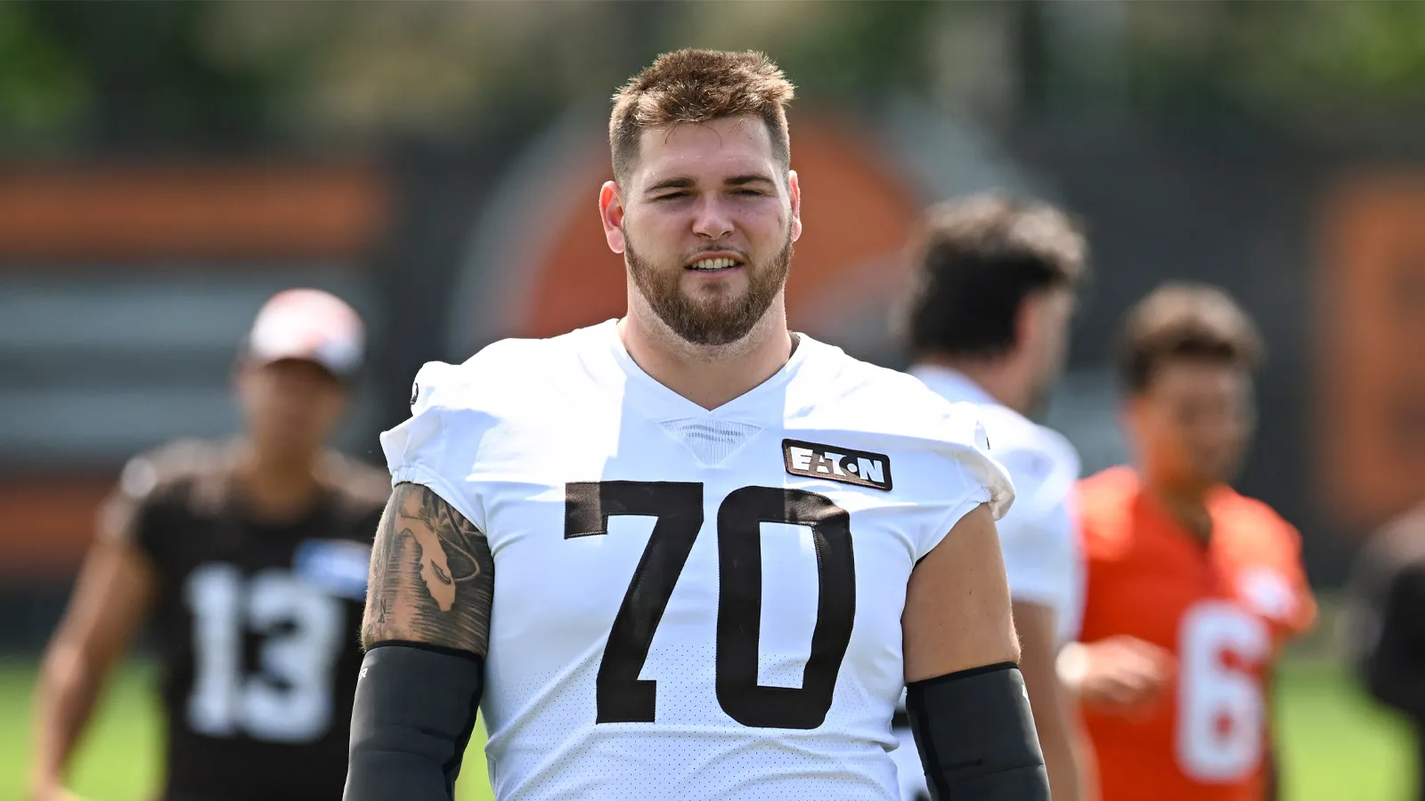 Jul 29, 2026; Berea, OH, USA; Cleveland Browns guard Zak Zinter (70) at CrossCountry Mortgage Campus. Mandatory Credit: Ken Blaze-Imagn Images