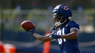 Jul 29, 2026; Lake Forest, IL, USA; Chicago Bears wide receiver Zavion Thomas (81) warms up during Training Camp at Halas Hall. Mandatory Credit: Kamil Krzaczyn…