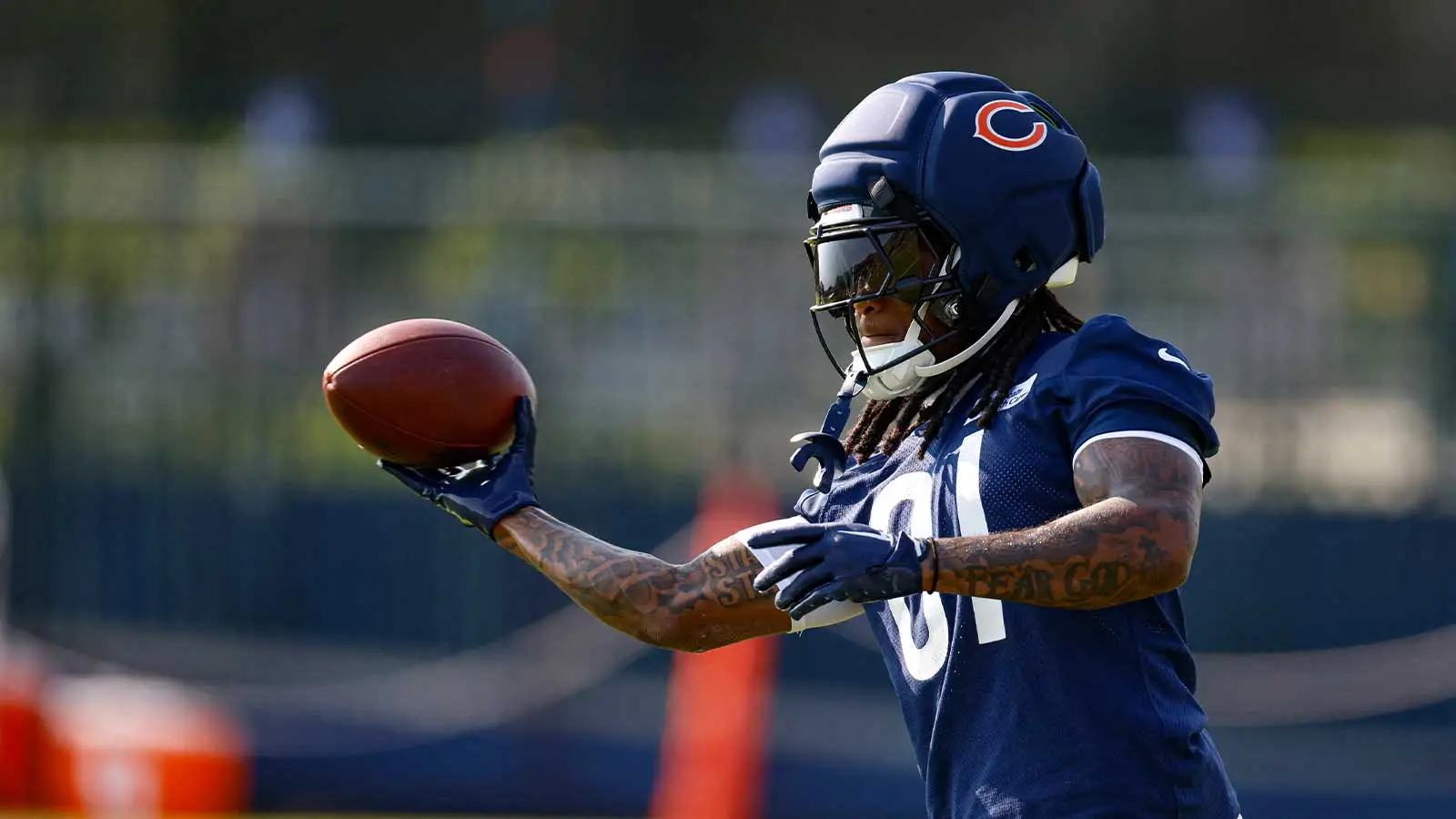 Jul 29, 2026; Lake Forest, IL, USA; Chicago Bears wide receiver Zavion Thomas (81) warms up during Training Camp at Halas Hall. Mandatory Credit: Kamil Krzaczyn…
