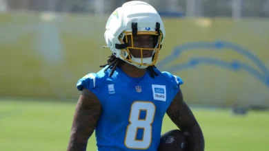 Jul 30, 2026; El Segundo, CA, USA; Los Angeles Chargers running back Omarion Hampton (8) holds the ball at training camp at The Bolt. Mandatory Credit: Kirby Le…