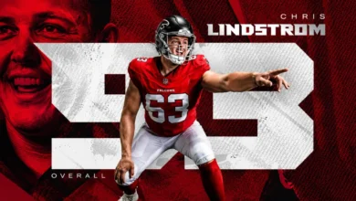 Atlanta Falcons guard Chris Lindstrom in uniform on the field