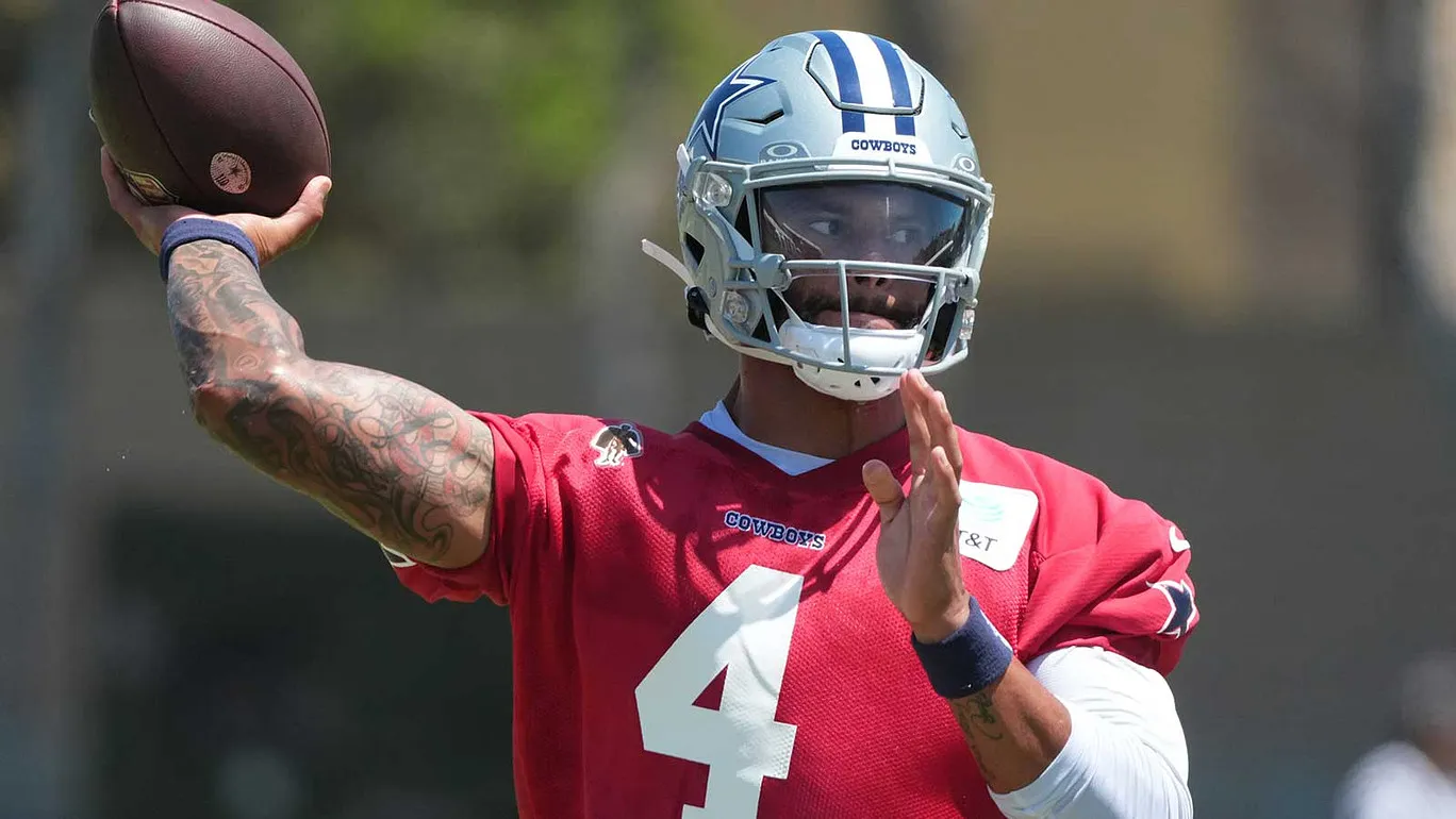 Aug 1, 2026; Oxnard, CA, USA; Dallas Cowboys quarterback Dak Prescott (4) throws the ball at training camp at River Ridge Playing Fields. Mandatory Credit: Kirb…