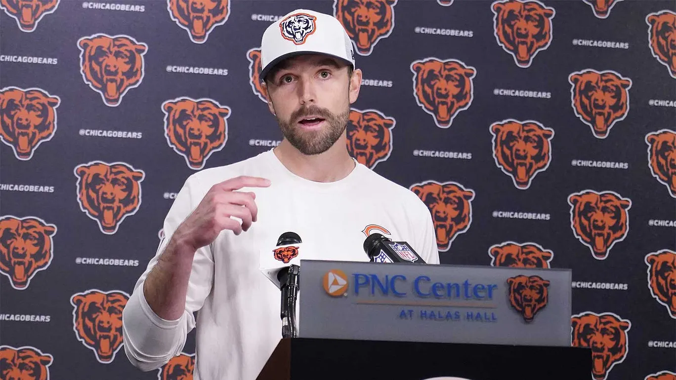 May 10, 2025; Lake Forest, IL, USA; Chicago Bears offensive coordinator Declan Doyle answers questions after rookie minicamp at Halas Hall. Mandatory Credit: Da…
