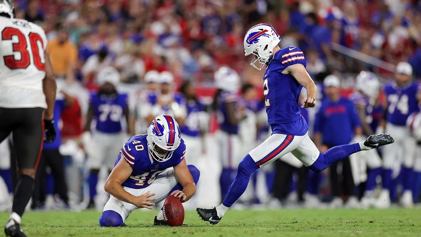 Aug 23, 2025; Tampa, Florida, USA; Buffalo Bills place kicker Tyler Bass (2) attempts a field goal held by Buffalo Bills punter Brad Robbins (40) against the Ta…