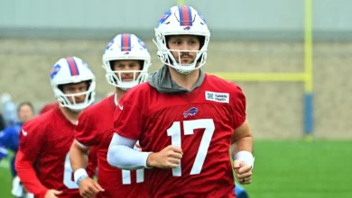Jul 29, 2026; Rochester, NY, USA; Buffalo Bills quarterback Josh Allen (17) runs between drills during training camp at St. John Fisher University. Mandatory Cr…