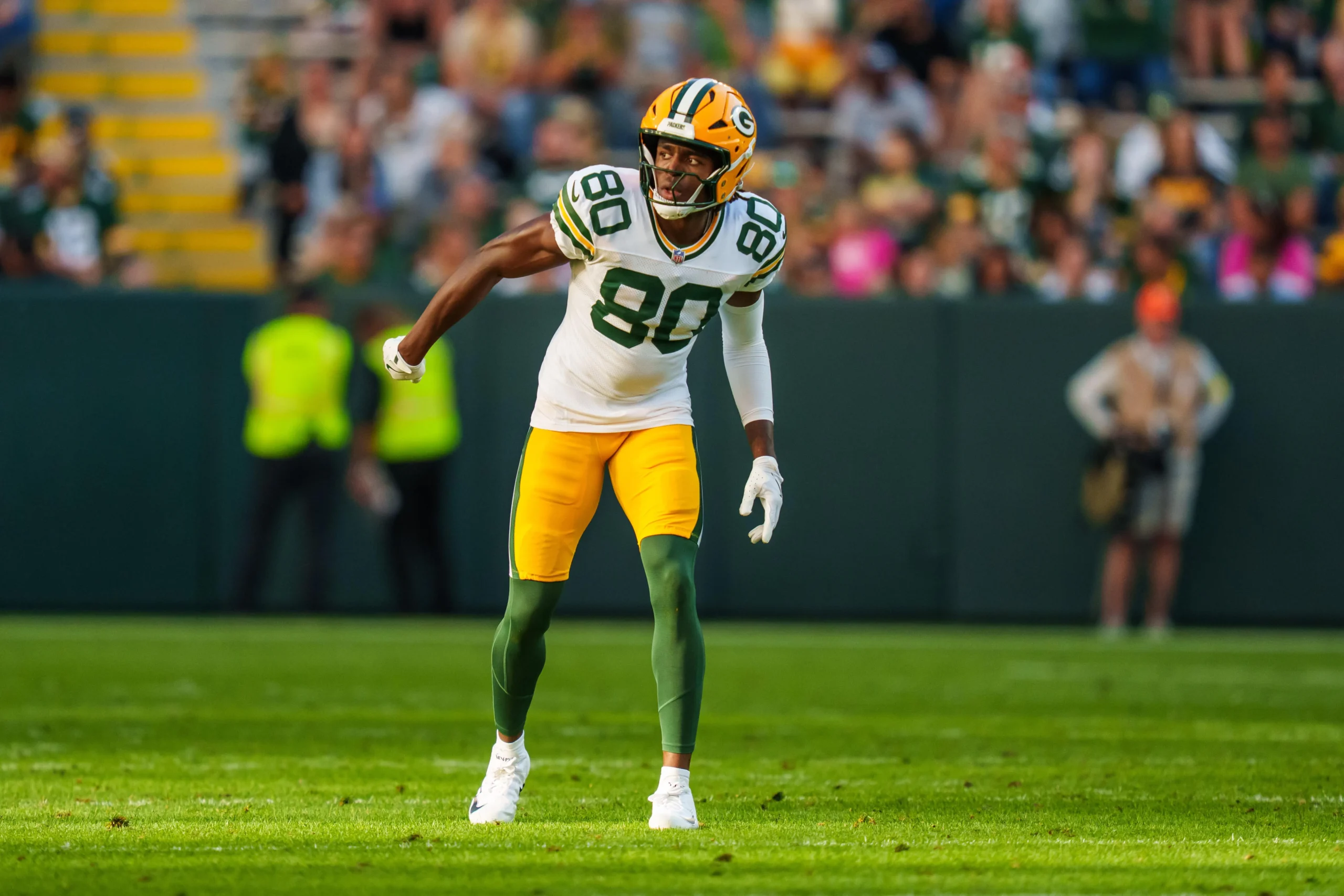 GREEN BAY, WISCONSIN - AUGUST 23: Isaiah Neyor #80 of the Green Bay Packers during the fourth quarter of an NFL preseason football game against the Seattle Seah…