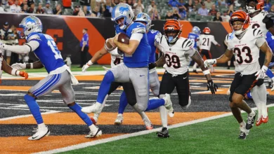 CINCINNATI, OH - AUGUST 13: Quarterback Luke Altmyer #2 of the Detroit Lions runs for a 2-point conversion in a preseason game between the Detroit Lions and the…