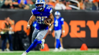 Aug 13, 2026; Cincinnati, Ohio, USA; Detroit Lions running back Jacob Saylors (25) runs with the ball against the Cincinnati Bengals in the first half at Paycor…