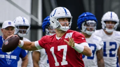 Colts tight end Tyler Warren catches a pass during 2026 training camp at Grand Park